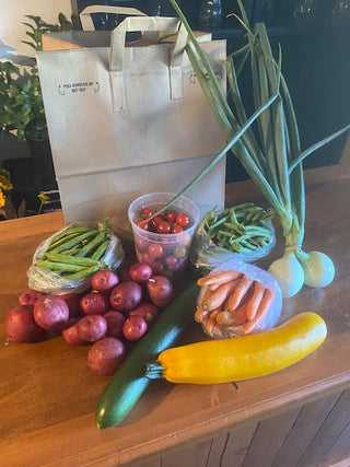 Fresh vegetable CSA sample. Includes yellow zucchini, baby carrots, red potatoes, peas, green beans, onions, greenhouse cucumber and tomatoes.
