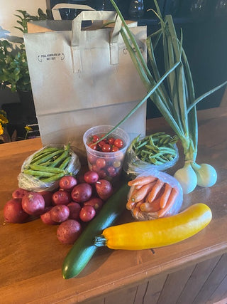 Fresh vegetable CSA sample.  Includes yellow zucchini, baby carrots, red potatoes, peas, green beans, onions, greenhouse cucumber and tomatoes.
