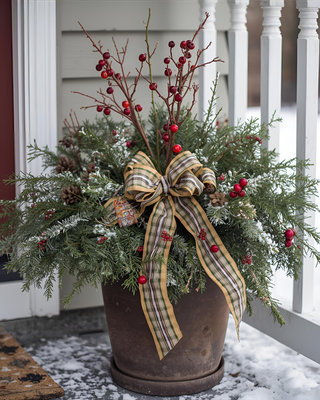 Decorative porch pot with fresh greens, red berries, twigs decorated with a plaid bow on a snowy porch.